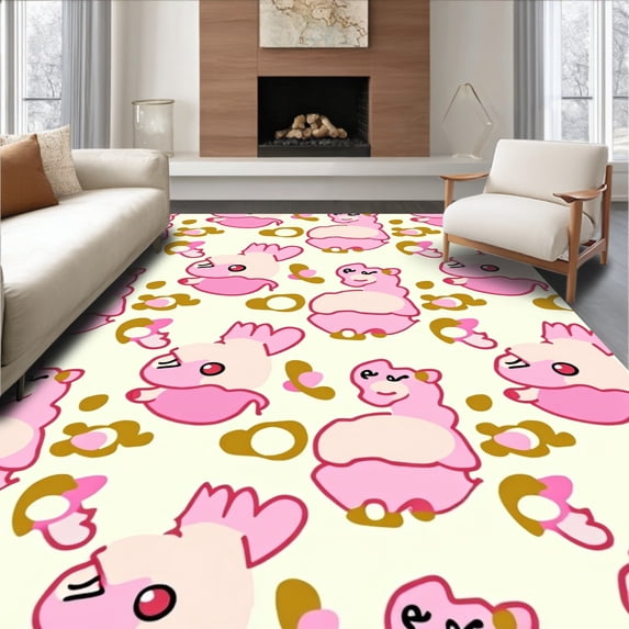 ODIKA 3'x5' Machine Washable Non-Slip Area Rug, Kawaii Farm Dairy Animal Spotted Art High Traffic Rug with Pad, Pink, 681343