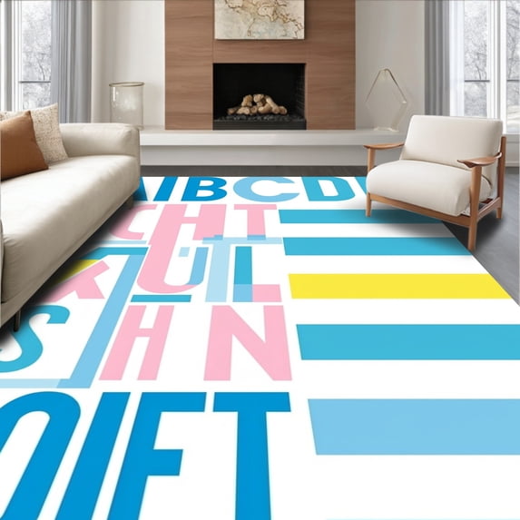 ODIKA 3'x5' Machine Washable Non-Slip Area Rug, Kindergarten Phonics Study Slip Resistant Tactile High Traffic Rug, Blue, 689726