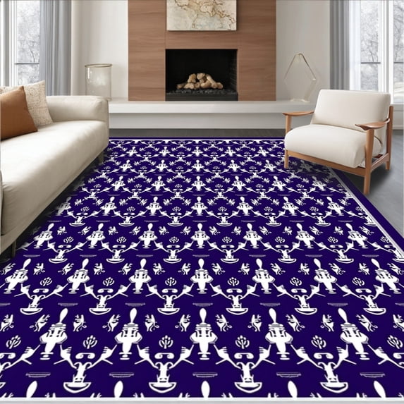 ODIKA 3'x5' Machine Washable Non-Slip Area Rug, Lattice Sports Fan with Championship Trophy Motifs High Traffic Rug with Pad, Purple, 669641
