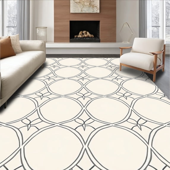 ODIKA 3x5 Machine Washable Non-Slip Area Rug, Lattice Trellis Interlocking Grid Contemporary Floor Textile High Traffic Rug, Ivory, 657436