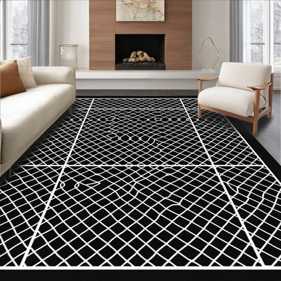 ODIKA 3'x5' Machine Washable Non-Slip Area Rug, Lattice Welcome featuring Crosshatch Grid High Traffic Rug with Pad, Black, 592667