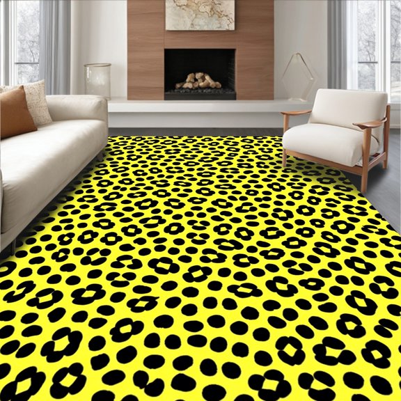 ODIKA 3x5 Machine Washable Non-Slip Area Rug, Leopard Print Wildlife Theme Floor Covering with Jungle Cat Rosettes High Traffic Rug, Yellow, 614104