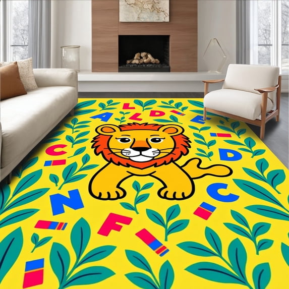 ODIKA 3'x5' Machine Washable Non-Slip Area Rug, Lion Alphabet Safari Medley with Jungle Leaves and Wildlife Letters High Traffic Rug with Pad, Yellow, 697945