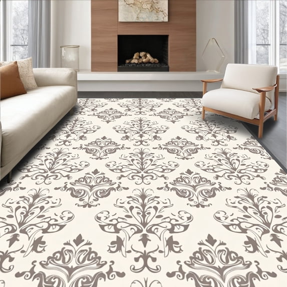 ODIKA 3'x5' Machine Washable Non-Slip Area Rug, Luxe Transitional Damask Swirl Neutral Decorative Accent Floor High Traffic Rug with Pad, Ivory, 542415