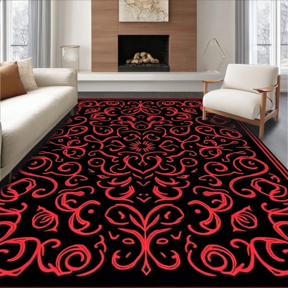 ODIKA 3'x5' Machine Washable Non-Slip Area Rug, Luxurious Festive Spiral Motifs with Glittering Frosted Highlights High Traffic Rug, Black, 628008