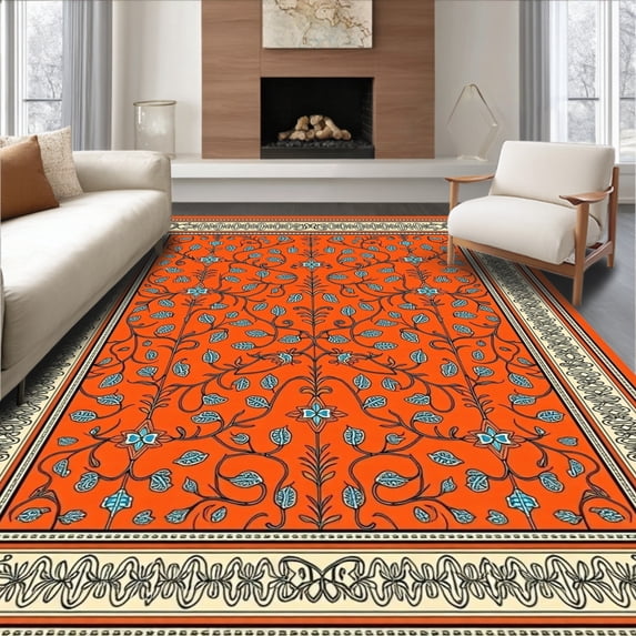 ODIKA 3'x5' Machine Washable Non-Slip Area Rug, Luxurious Paisley Vine Ensemble High Traffic Rug, Orange, 582843
