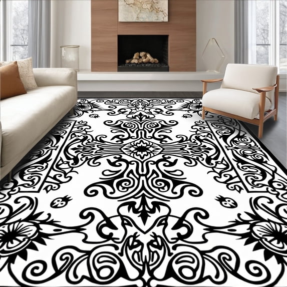 ODIKA 3'x5' Machine Washable Non-Slip Area Rug, Luxurious Vintage Damask Spiral Medallion Motif High Traffic Rug, Black, 580837