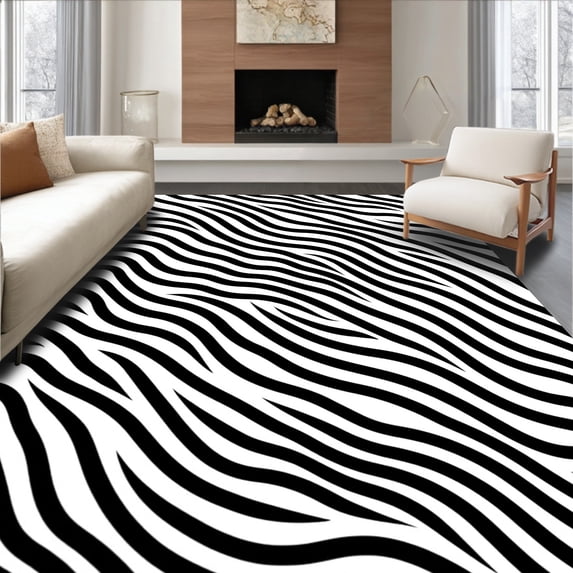ODIKA 3'x5' Machine Washable Non-Slip Area Rug, Luxurious Zebra Stripe Abstract Decorative High Traffic Rug with Pad, Black, 593540