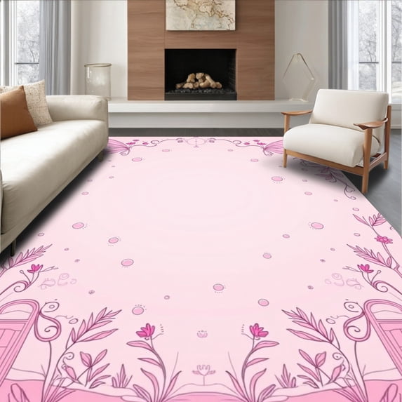ODIKA 3'x5' Machine Washable Non-Slip Area Rug, Magical Fairy Palace Wonderland Dreamscape Playful Adventure High Traffic Rug with Pad, Pink, 724547