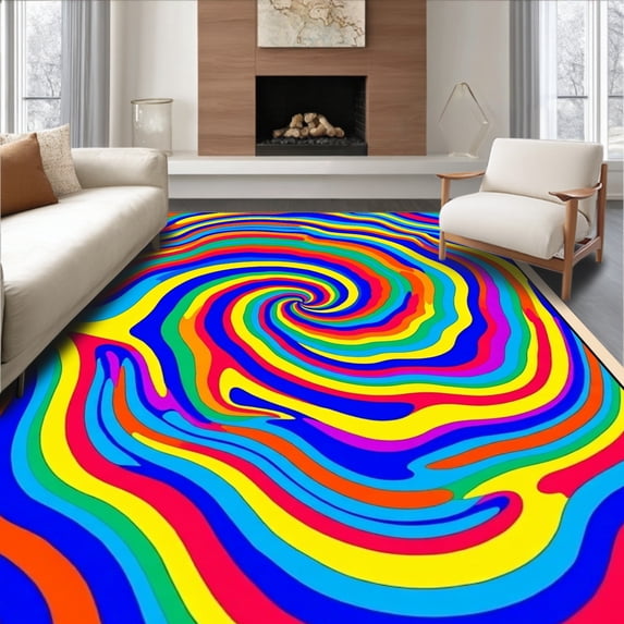ODIKA 3'x5' Machine Washable Non-Slip Area Rug, Magical Kaleidoscope Spiral Twirl Multicolored Art High Traffic Rug, Blue, 588291
