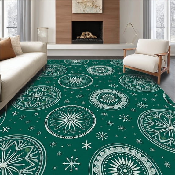 ODIKA 3'x5' Machine Washable Non-Slip Area Rug, Magical Starlight Celebration Adorned Traditional Symbols High Traffic Rug with Pad, Green, 621774
