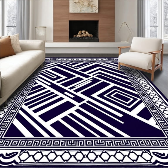 ODIKA 3'x5' Machine Washable Non-Slip Area Rug, Maritime Mosaic Sanctuary With Ornate Diagonal Arrangement High Traffic Rug, Navy, 701185