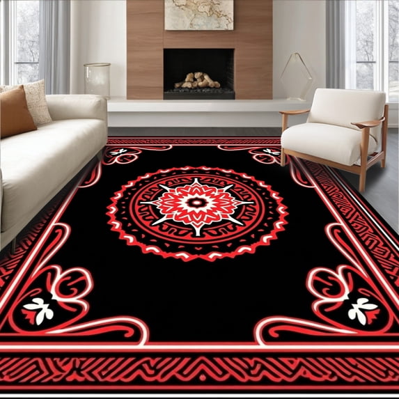 ODIKA 3'x5' Machine Washable Non-Slip Area Rug, Medallion Artistry With Flourishing Floral Motifs And Ornate Borders High Traffic Rug with Pad, Black, 545647