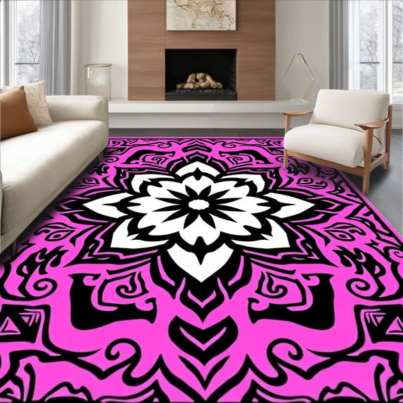 ODIKA 3'x5' Machine Washable Non-Slip Area Rug, Meditation Art Hippie Throw Zen Design High Traffic Rug, Pink, 709409