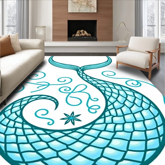 ODIKA 3'x5' Machine Washable Non-Slip Area Rug, Mermaid Scales Ocean Waves Underwater Adventure Decorative High Traffic Rug with Pad, Blue, 724017