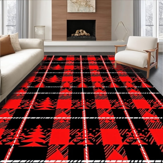 ODIKA 3'x5' Machine Washable Non-Slip Area Rug, Merry Yuletide Tartan Decorative Floor Covering High Traffic Rug with Pad, Red, 627550