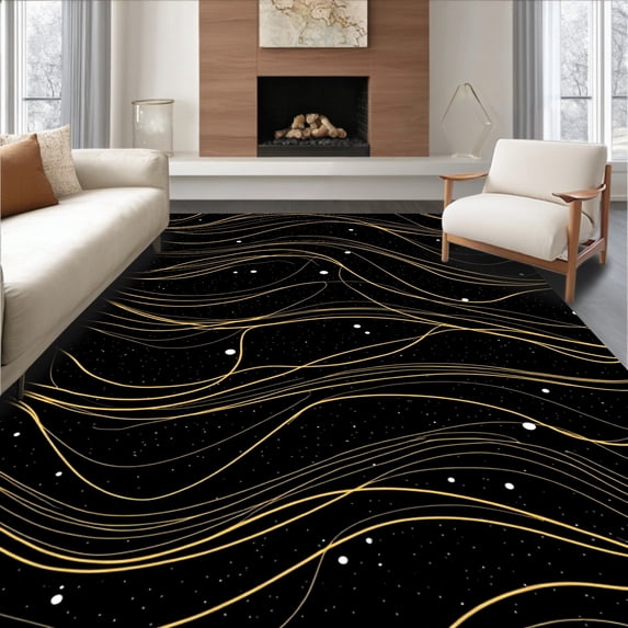 ODIKA 3'x5' Machine Washable Non-Slip Area Rug, Midnight Celestial Constellation Pathway Elegant Flowing Design High Traffic Rug, Black, 659233