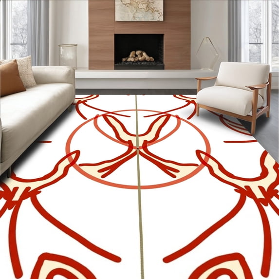 ODIKA 3'x5' Machine Washable Non-Slip Area Rug, Modern Athletic Emblem With Abstract Horn Design High Traffic Rug, Red, 669770