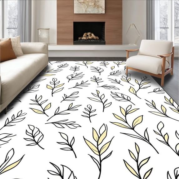 ODIKA 3x5 Machine Washable Non-Slip Area Rug, Modern Botanical Interplay with Metallic Highlights High Traffic Rug, Black, 548402