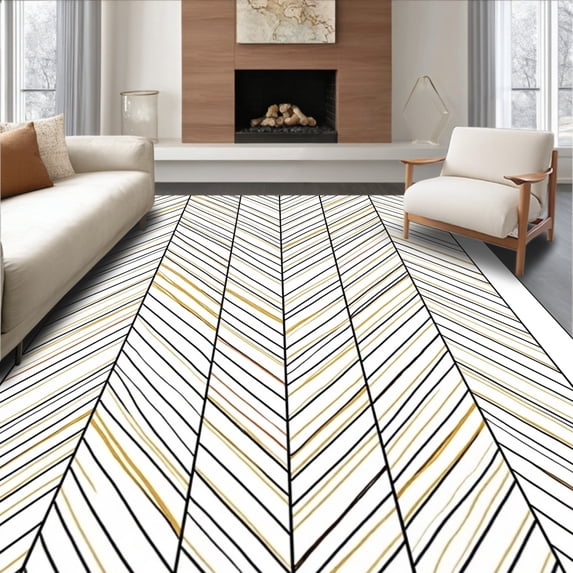 ODIKA 3x5 Machine Washable Non-Slip Area Rug, Modern Chevron Stream with Minimalist Motifs High Traffic Rug with Pad, White, 570438