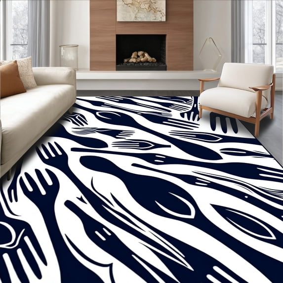ODIKA 3'x5' Machine Washable Non-Slip Area Rug, Modern Cutlery Art with Forks and Spoons Motif High Traffic Rug with Pad, Black, 734899