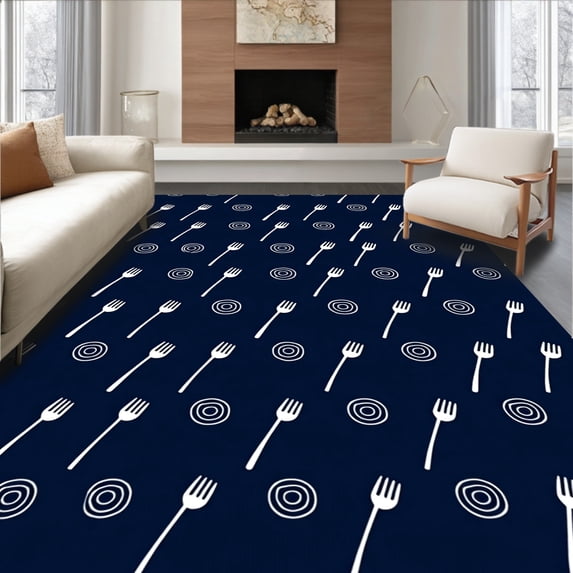 ODIKA 3'x5' Machine Washable Non-Slip Area Rug, Modern Minimalist Flatware Arrangement Contemporary Design High Traffic Rug, Blue, 734892