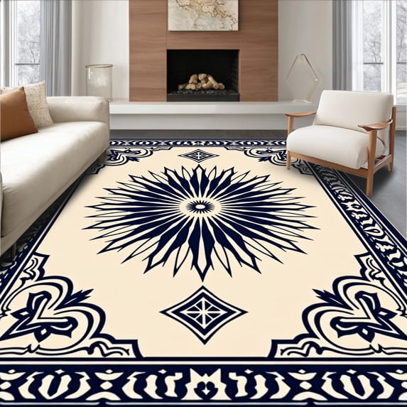 ODIKA 3'x5' Machine Washable Non-Slip Area Rug, Mystic Medallion Sunburst Ethnic Artisan Handwoven High Traffic Rug, Beige, 713025
