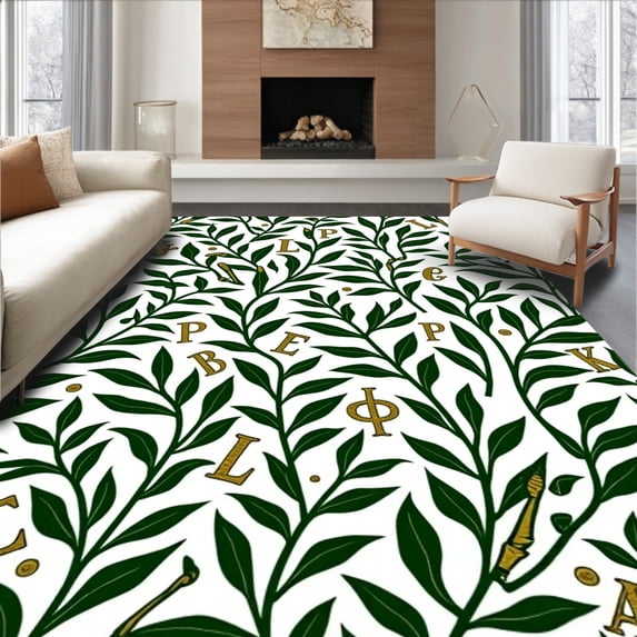ODIKA 3'x5' Machine Washable Non-Slip Area Rug, Nature Themed Educational with Leaf Motifs and Alphabet Characters High Traffic Rug with Pad, Green, 697665