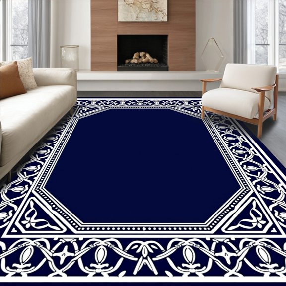 ODIKA 3x5 Machine Washable Non-Slip Area Rug, Nautical Compass Rose with Intricate Maritime Border Design High Traffic Rug, Blue, 563379