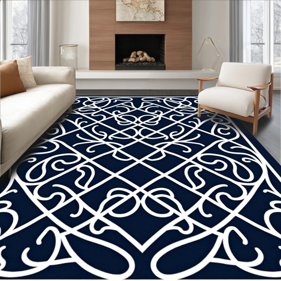 ODIKA 3x5 Machine Washable Non-Slip Area Rug, Nautical Waves Shag With Lattice High Traffic Rug, Blue, 339709