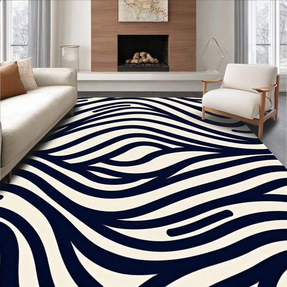 ODIKA 3'x5' Machine Washable Non-Slip Area Rug, Nautical Waves with Interlocking Stripes and Bold Contours High Traffic Rug with Pad, Black, 701706