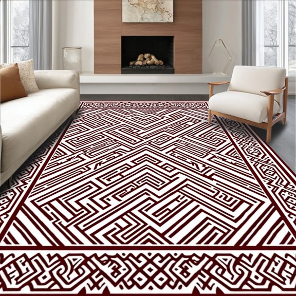 ODIKA 3x5 Machine Washable Non-Slip Area Rug, Nomadic Bazaar Labyrinth Maze Decorative Artistic Pathway High Traffic Rug, Brown, 586352