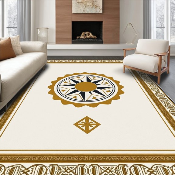 ODIKA 3x5 Machine Washable Non-Slip Area Rug, Nomadic Compass Rose with Intricate Border Details High Traffic Rug, Gold, 659571