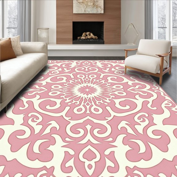 ODIKA 3x5 Machine Washable Non-Slip Area Rug, Nomadic Journey Scrollwork Elegant Arrangement High Traffic Rug, Pink, 661283