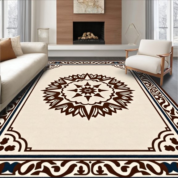 ODIKA 3x5 Machine Washable Non-Slip Area Rug, Nomadic Medallion Artistry Luxe Contemporary Eclectic High Traffic Rug, Beige, 659598