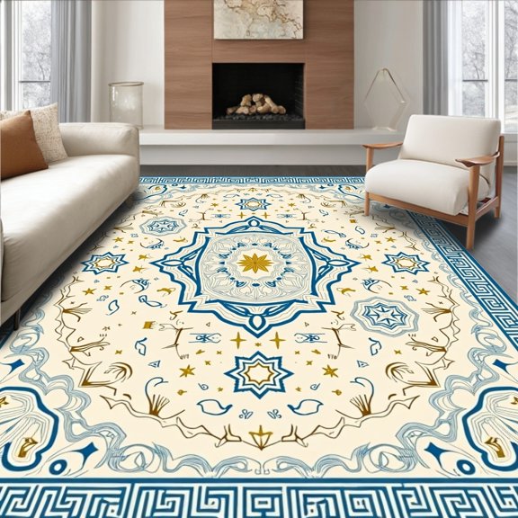 ODIKA 3x5 Machine Washable Non-Slip Area Rug, Nomadic Shelter Design with Starry Night Sky High Traffic Rug, Ivory, 683267