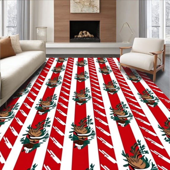 ODIKA 3'x5' Machine Washable Non-Slip Area Rug, Nordic Cane Stripe with Pine Cone High Traffic Rug with Pad, Red, 737745