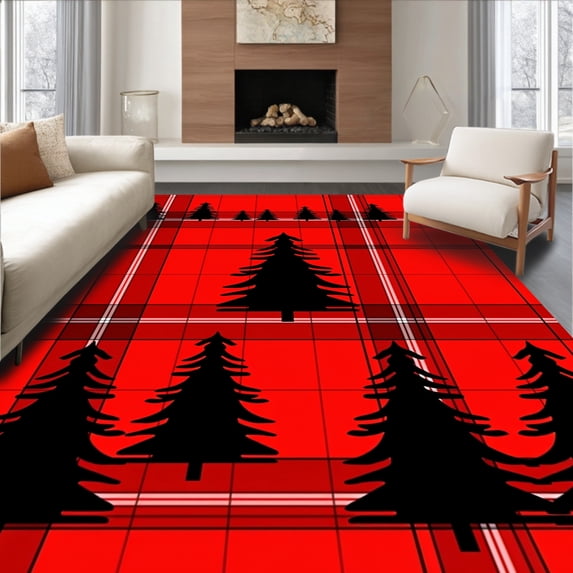 ODIKA 3'x5' Machine Washable Non-Slip Area Rug, Nordic Fir Forest Plaid Motif Yuletide High Traffic Rug with Pad, Red, 651640