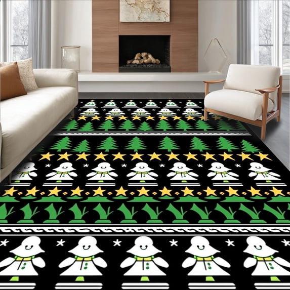 ODIKA 3'x5' Machine Washable Non-Slip Area Rug, Nordic Fir Forest with and Playful Snowman High Traffic Rug, Black, 651451