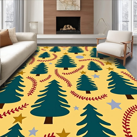 ODIKA 3'x5' Machine Washable Non-Slip Area Rug, Nordic Fir Tree with Festive and Motif High Traffic Rug, Yellow, 621342