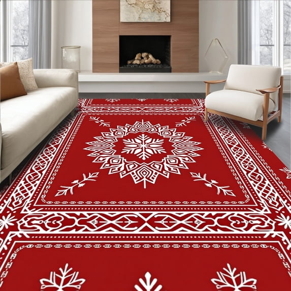 ODIKA 3'x5' Machine Washable Non-Slip Area Rug, Nordic Interlocking Snowflake Medallion Festive High Traffic Rug with Pad, Red, 506138