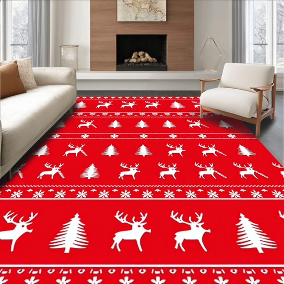 ODIKA 3'x5' Machine Washable Non-Slip Area Rug, Nordic Pine Tree and Stag Scene with Scattered Festive Snow Motifs High Traffic Rug with Pad, Red, 623285