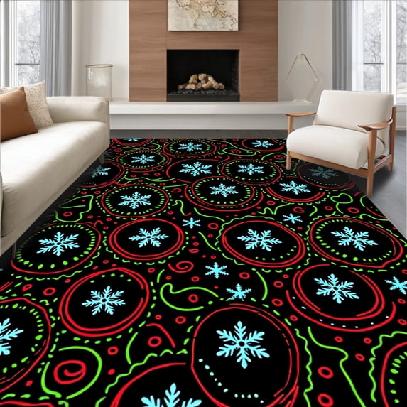 ODIKA 3'x5' Machine Washable Non-Slip Area Rug, Nordic Snowflake and Latch Design High Traffic Rug with Pad, Black, 649069