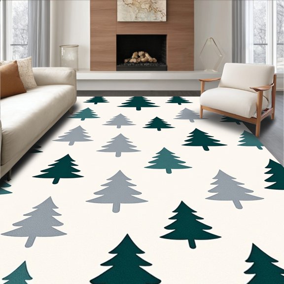 ODIKA 3x5 Machine Washable Non-Slip Area Rug, Nordic Yuletide Floor Accent With Conifer Embellishment High Traffic Rug, Green, 605964