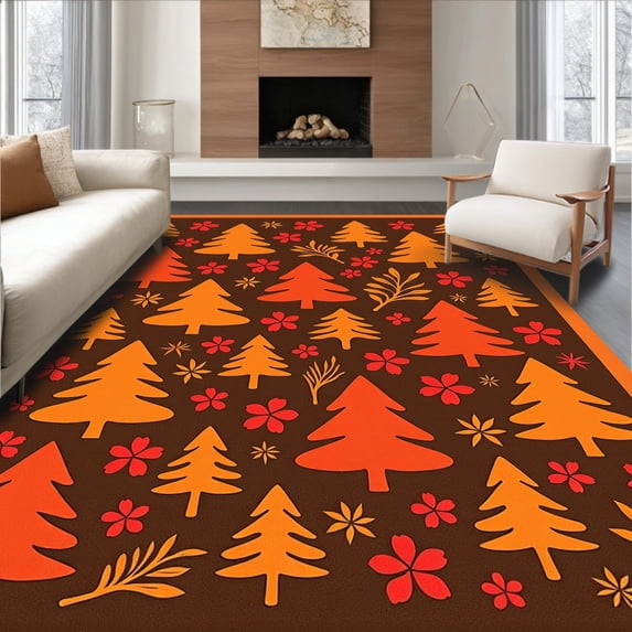 ODIKA 3'x5' Machine Washable Non-Slip Area Rug, North Woods Welcoming Joyful Entrance Seasonal Decoration High Traffic Rug with Pad, Brown, 622175