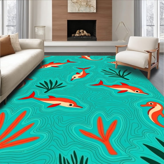 ODIKA 3'x5' Machine Washable Non-Slip Area Rug, Ocean Adventure with Friendly Sea Creature Illustrations High Traffic Rug with Pad, Blue, 725679