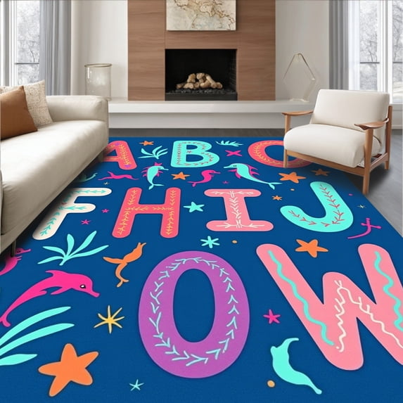 ODIKA 3'x5' Machine Washable Non-Slip Area Rug, Ocean Themed ABC Educational featuring Sea Life Letter Graphics High Traffic Rug with Pad, Blue, 687691
