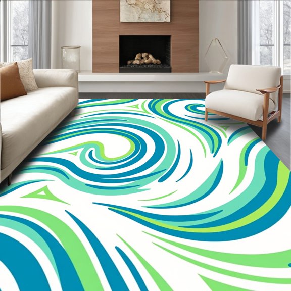 ODIKA 3x5 Machine Washable Non-Slip Area Rug, Ocean Wave Swirl Contemporary Shag Accent High Traffic Rug, Blue, 560598