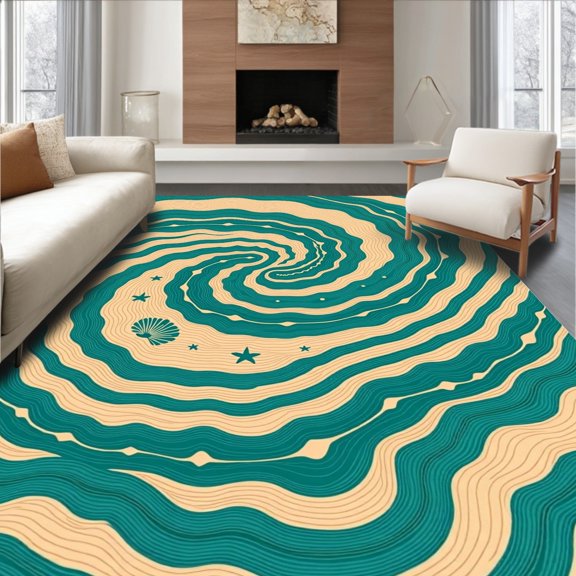 ODIKA 3x5 Machine Washable Non-Slip Area Rug, Oceanic Wave Swirls with Nautilus Shell and Coral Reef High Traffic Rug, Teal, 729575
