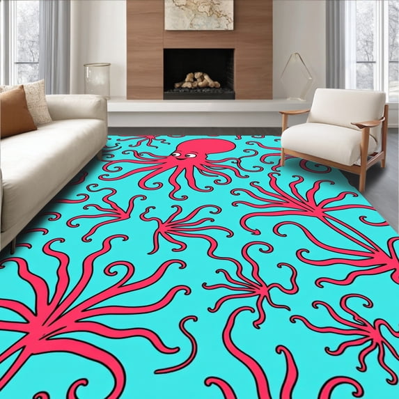 ODIKA 3'x5' Machine Washable Non-Slip Area Rug, Octopus Tentacle Swirl Marine Life Underwater Coral Reef Scene High Traffic Rug with Pad, Pink, 715104